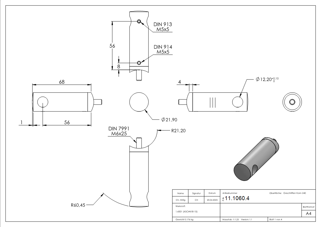 Querstabhalter V2A Edelstahl Lang 68 mm – Anschluss 42-4 mm fuer Rundstaebe 12 mm inkl- Schrauben-11-1060.4