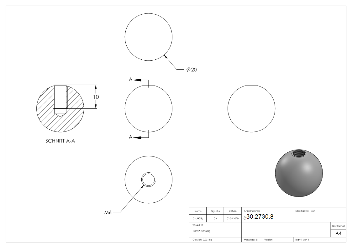 Kugel Ø 20 mm - massiv glatt - mit Gewinde M6 - Stahl S235JR- roh-30-2730.8