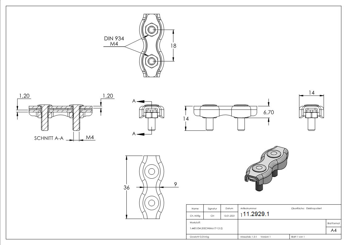 Duplexklemme - fuer Seil Ø 3 mm - V4A-11-2929.1