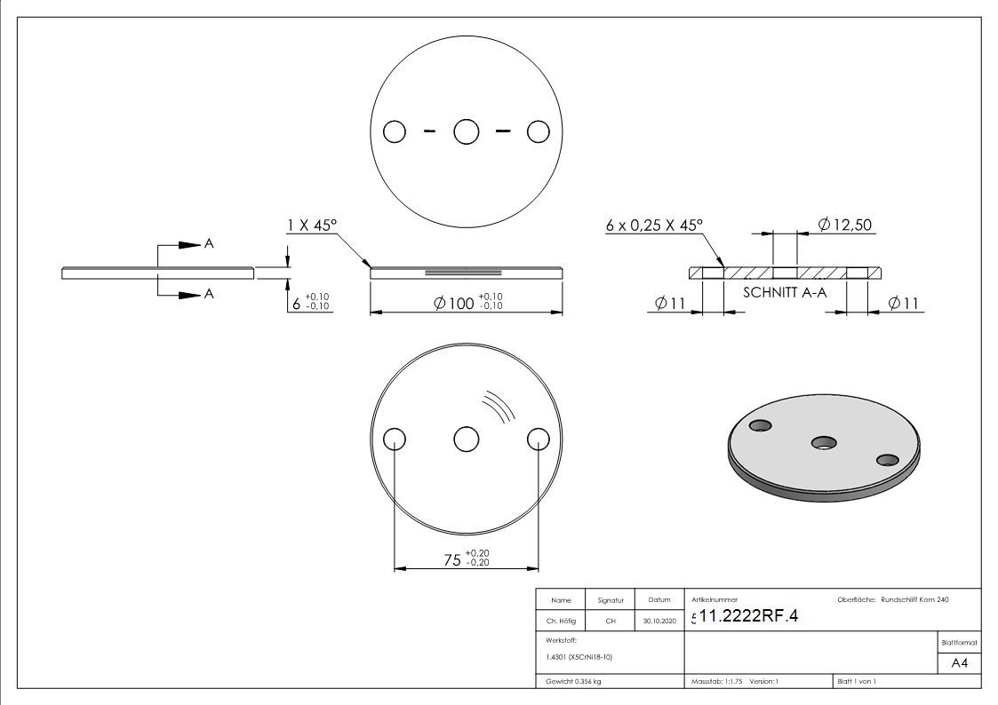 Plaque d'ancrage Ø 100 x 6 mm avec trou de centrage : Ø 12,5 mm | V2A