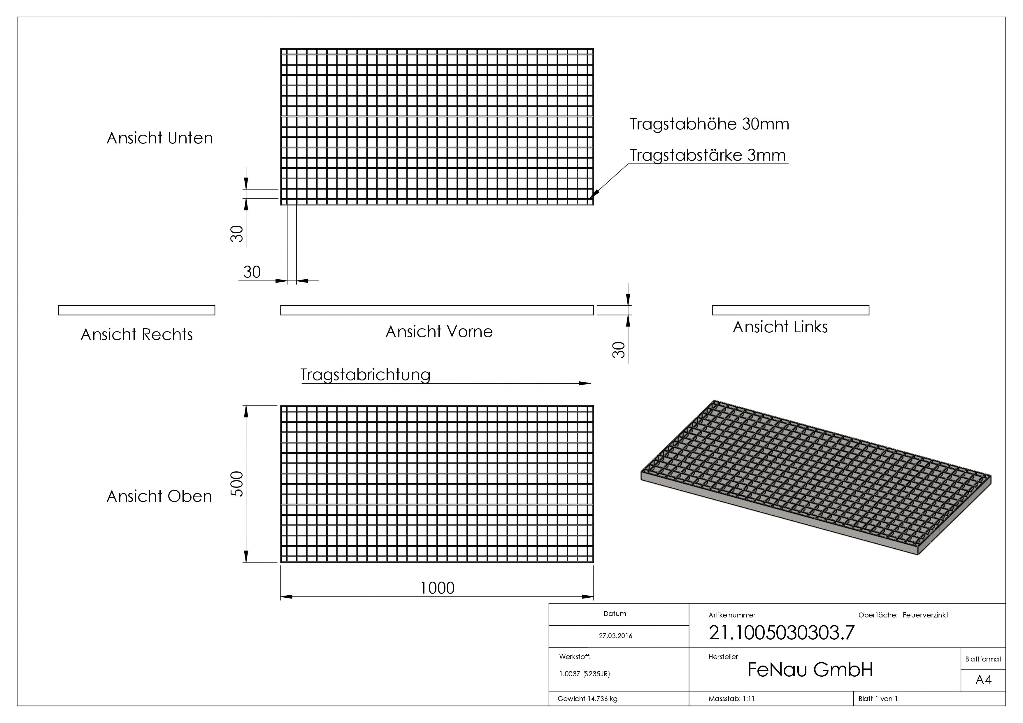 Industrie-Gitterrost - Masse- 1000x500x30 mm; MW 30-30 mm; 30-3 mm - S235JR -St37-2- im Vollbad feuerverzinkt-21-1005030303.7