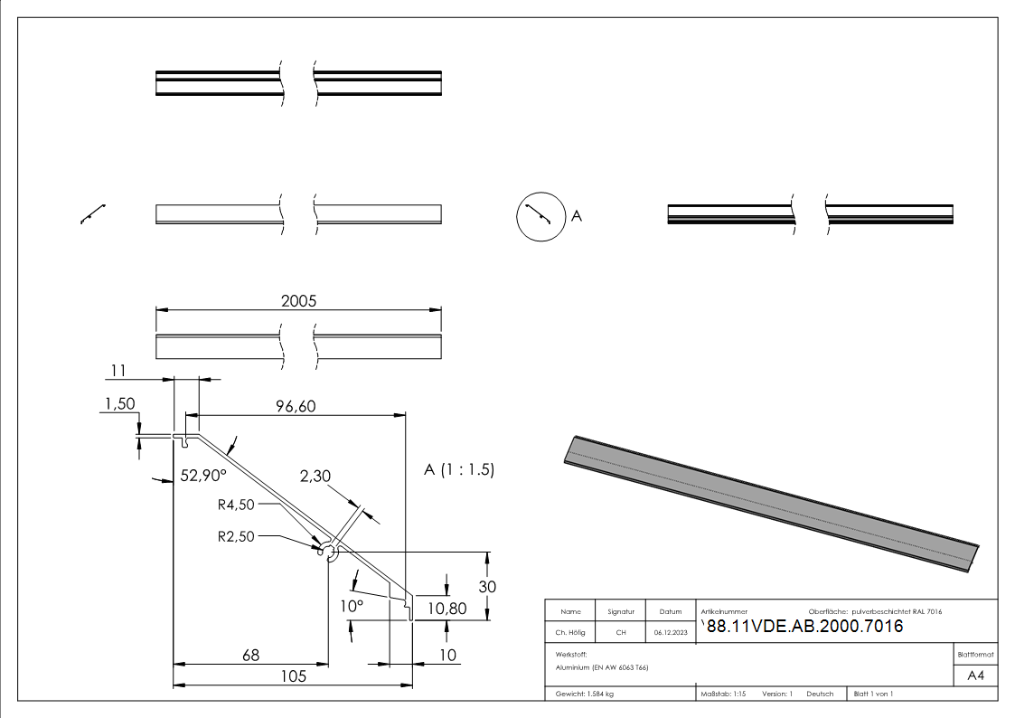 Design-Abdeckung fuer eleganza canopy- L- 2005mm- RAL7016-88-11VDE-AB-2000.7016