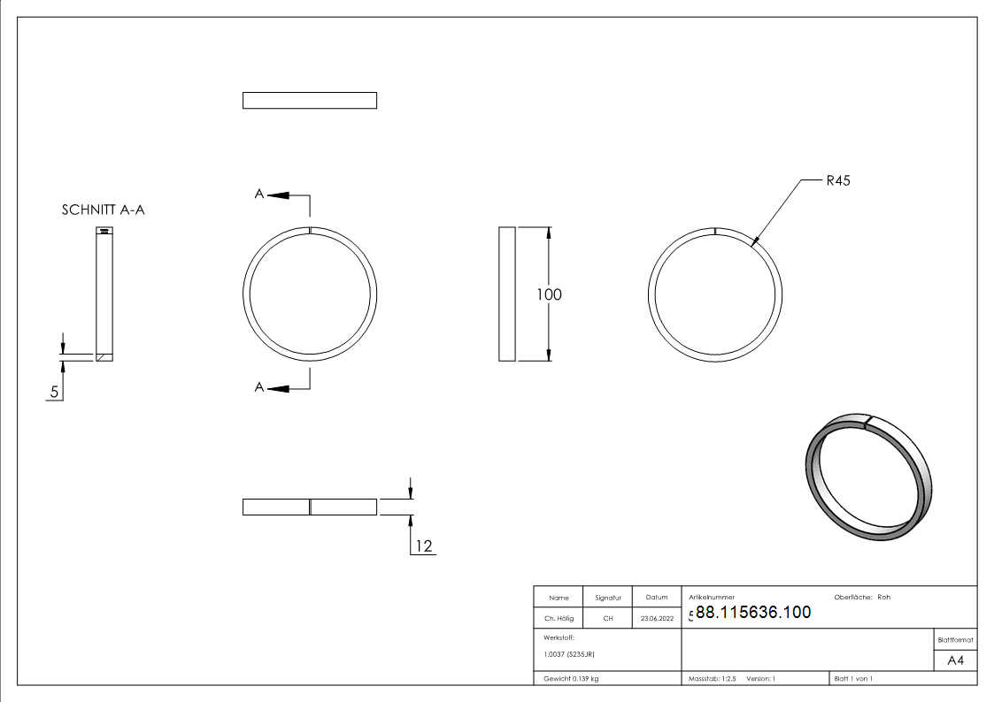Anneau 12x5mm ; diamètre extérieur 100mm