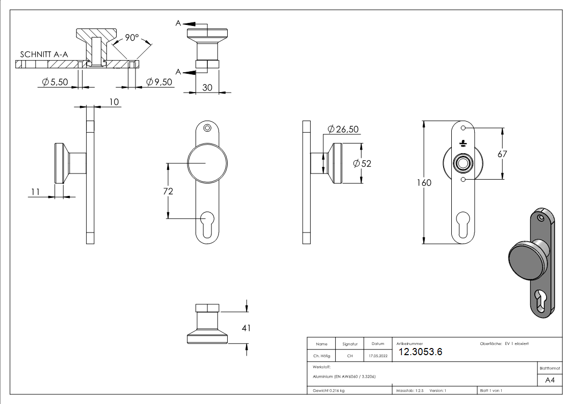 Alu-Tuerknopf - mit Alu-Zylinderkurzschild -rund- - Aluminium EV1-12-3053.6
