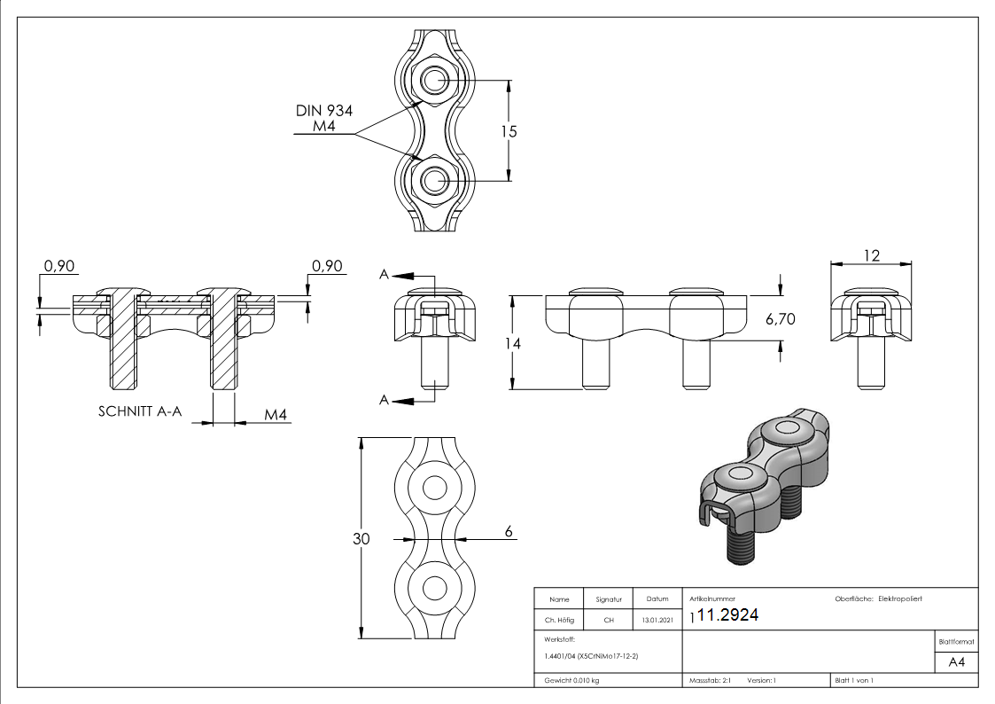 Duplexklemme - fuer Seil Ø 2 mm - 8 mm - V4A-11.2924