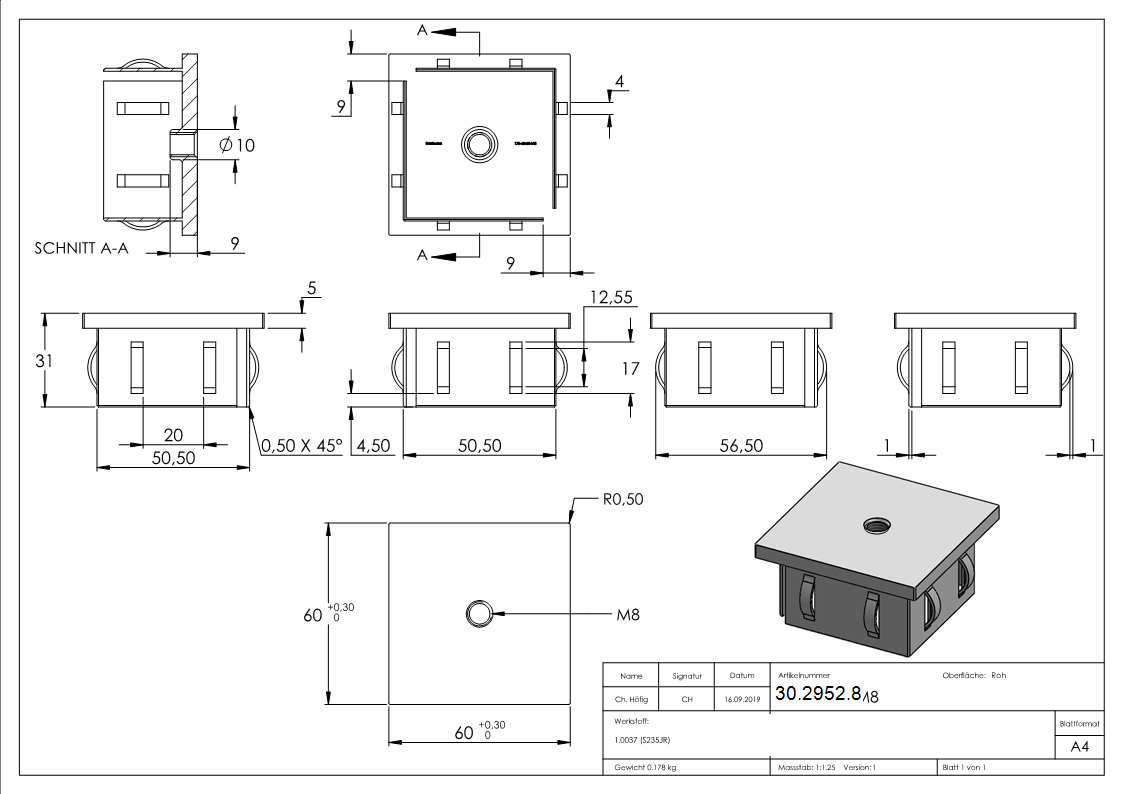 Stahlstopfen flach - mit M8 - fuer Rohr 60x60x2-0-3-0 mm - Stahl S235JR- roh-30-2952.8