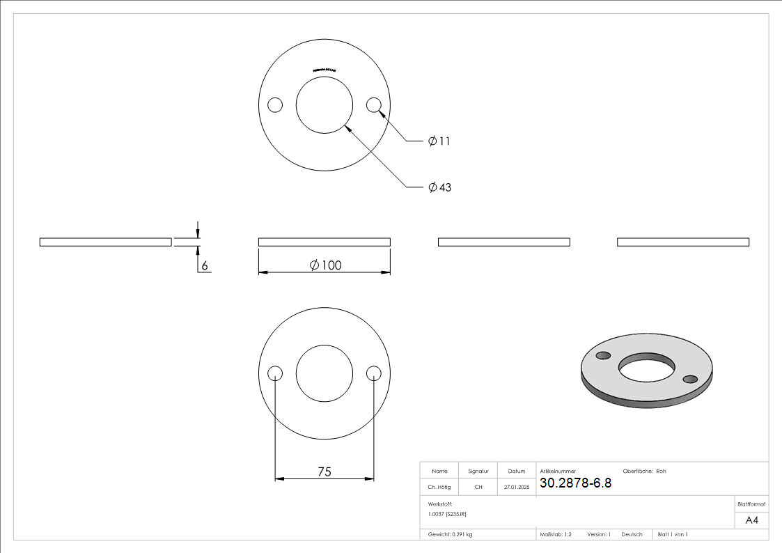 Ankerplatte 100x6 mm 3 Bohrungen -  Stahl roh-30-2878-6.8