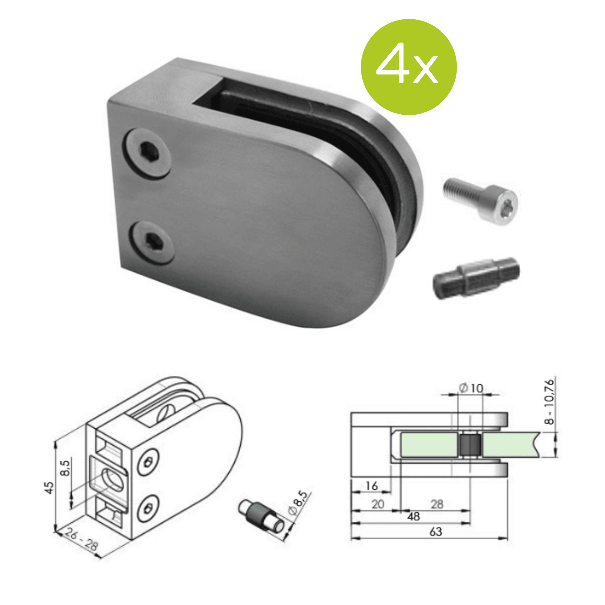Glasklemme V4A fuer 8-10-76 mm Glas Flachanschluss geschliffen 4er Set-89-11A142200000SET4-A.4