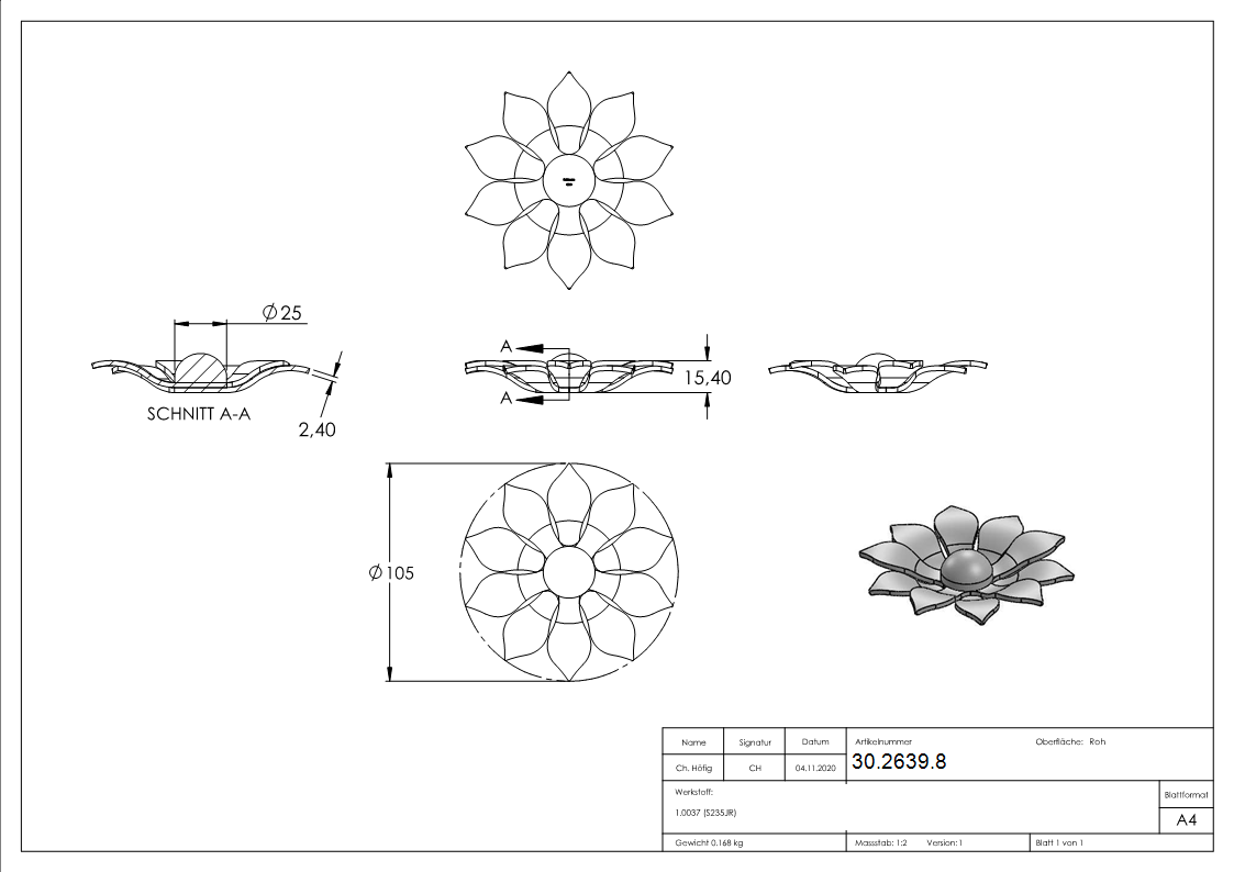 Rosette - Zierteil - Blume ohne Stiel Ø 110x5 mm - Stahl -Roh- S235JR-30-2639.8