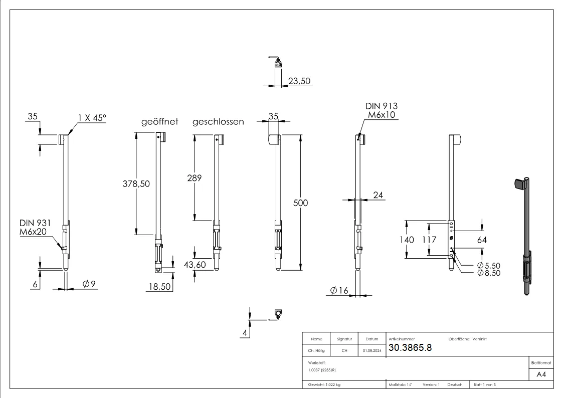Bodenschieber - Torriegel - Laenge- 500 mm - verzinkt - zum Anschrauben-30-3865.8