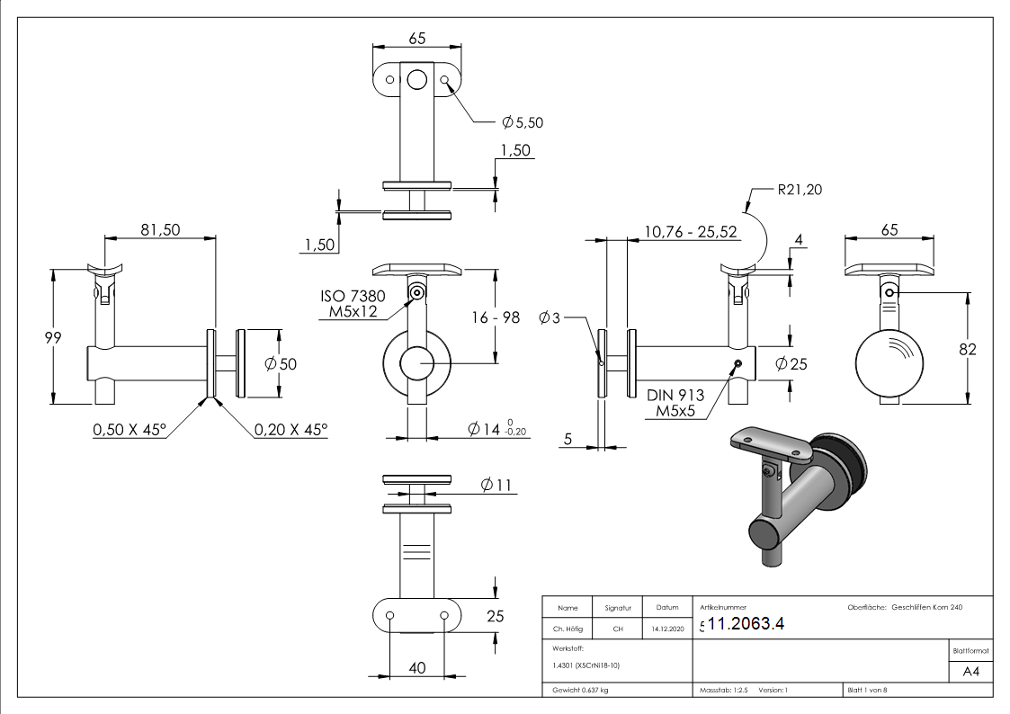 Handlaufhalter mit Gelenk fuer Glas und Halteplatte fuer Ø 42-4 mm V2A-11-2063.4