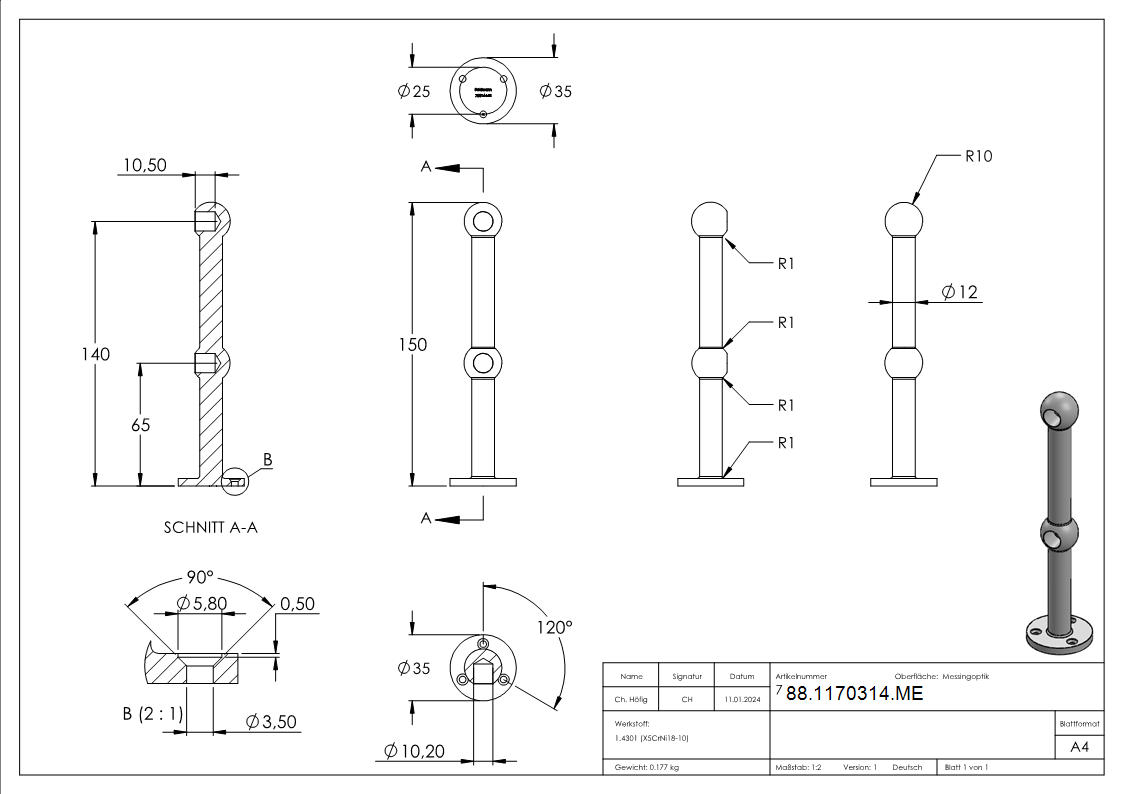 Support à double extrémité, pour rond de 10mm, aspect laiton