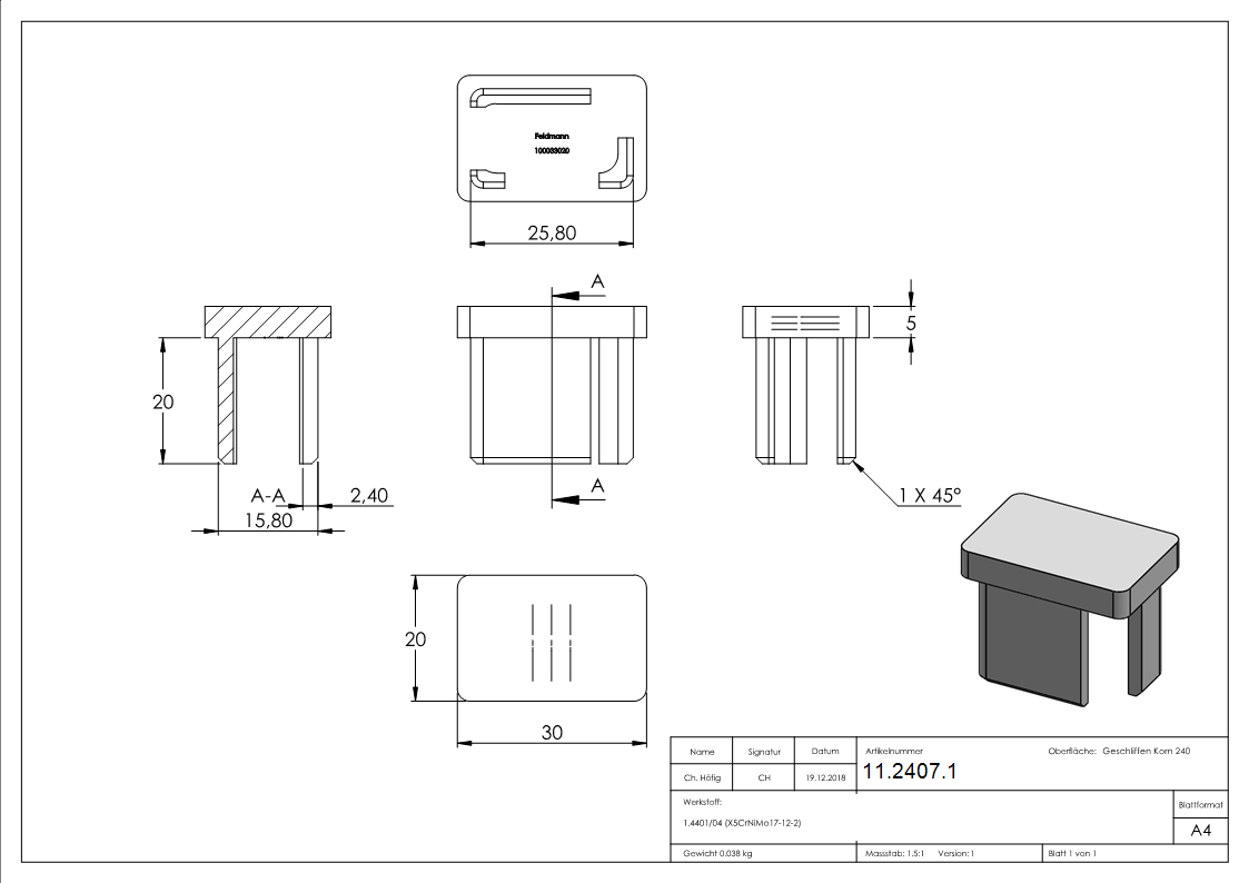 Capuchon d'insertion V4A pour collage pour tube 30x20x2,0 mm