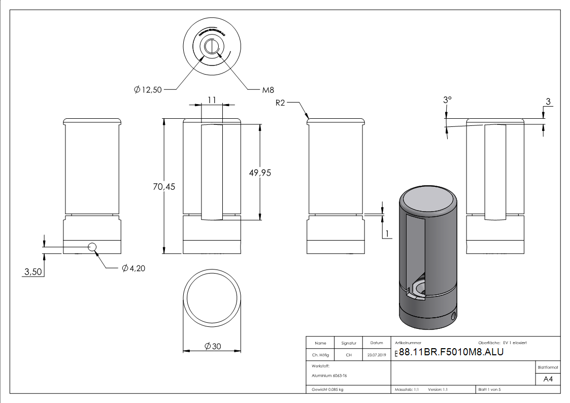 Support de base Brenk pour barres plates 50 x 10mm, ALU