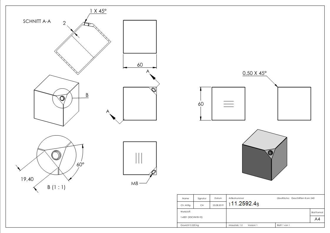Wuerfel 60x60x3 mm mit Gewinde M8 V2A-11-2592.4