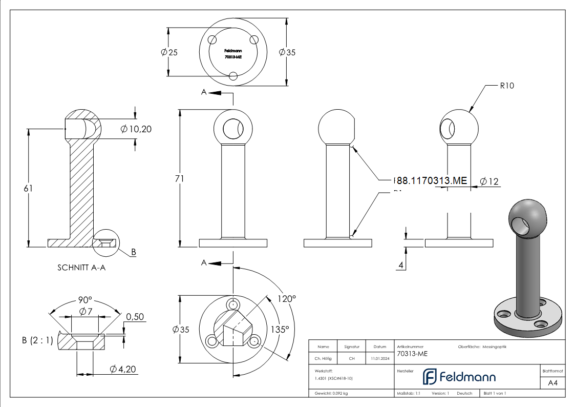Stabhalter- fuer 10mm Rund- 45° Ecke- Messingoptik-88-1170313.ME