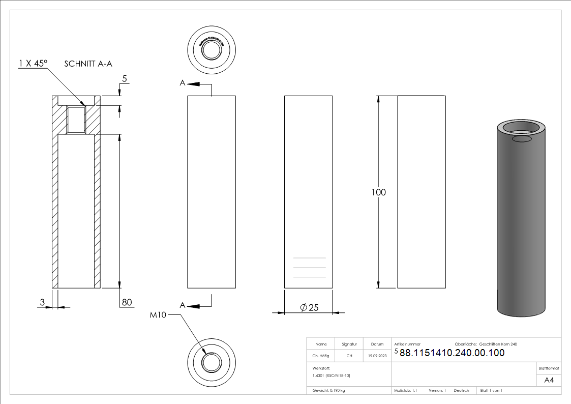 Wandhalter Edelstahl V2A Laenge 100 mm M10 Innengewinde geschliffen Korn 240-88-1151410-240-00.100