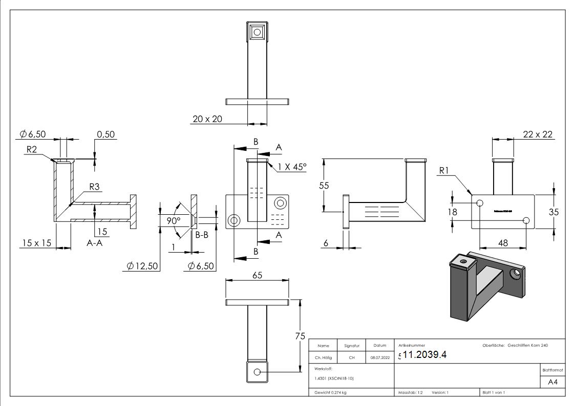 Handlaufhalter zum Anschweissen-Aufschrauben -flach- V2A-11-2039.4