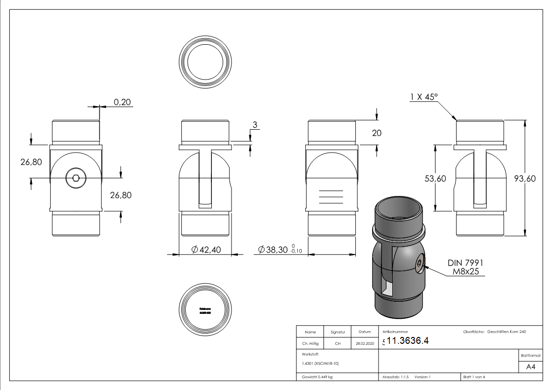 Gelenkstueck fuer Rundrohr Ø 42-4x2-0 mm V2A-11-3636.4