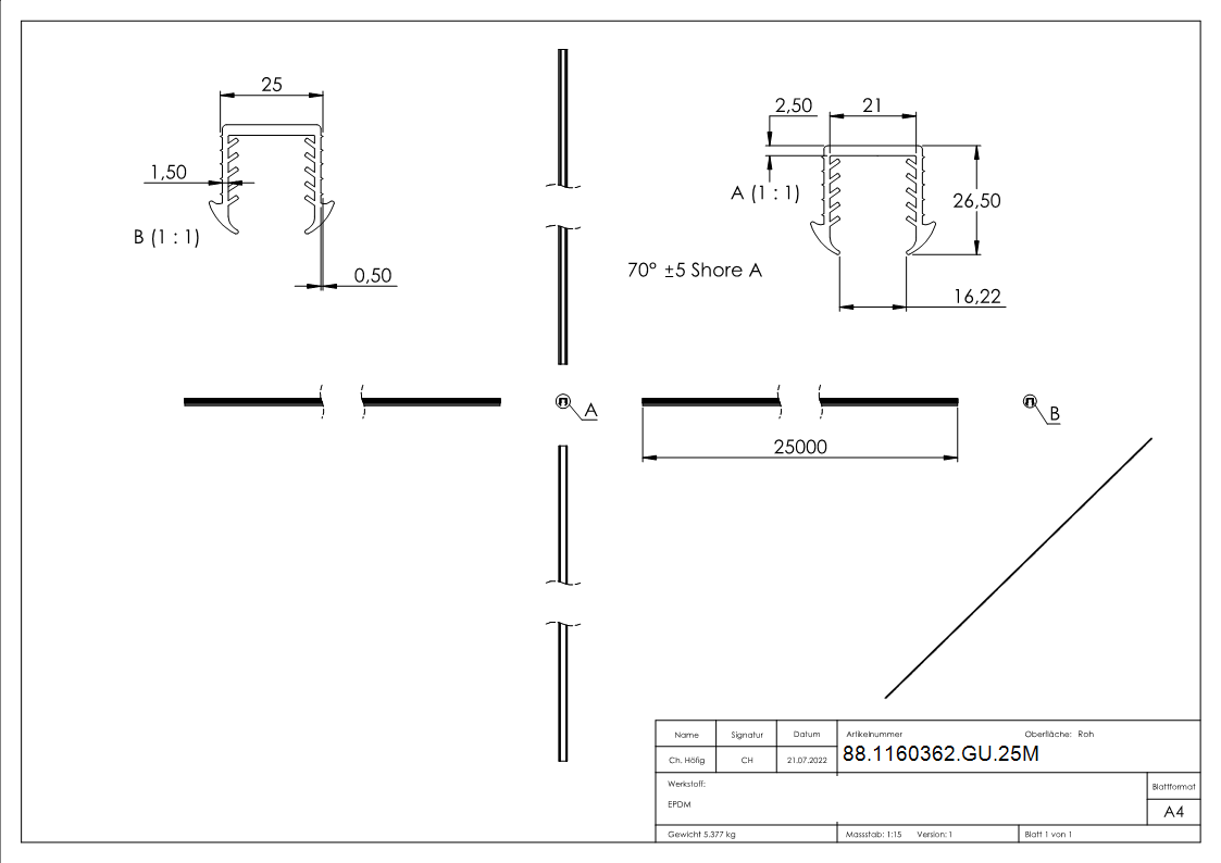 Joint à coin verre 16,76 - 17,52mm, pour rainure 24 x 24mm, longueur 25m, EPDM