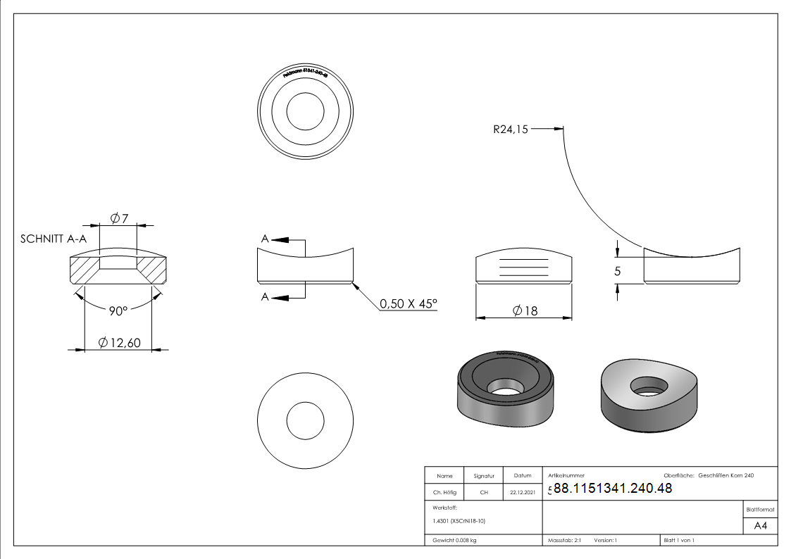 Pièce de compensation pour tube 48.3mm, Ø 18mm, avec fraisage 7mm, V2A