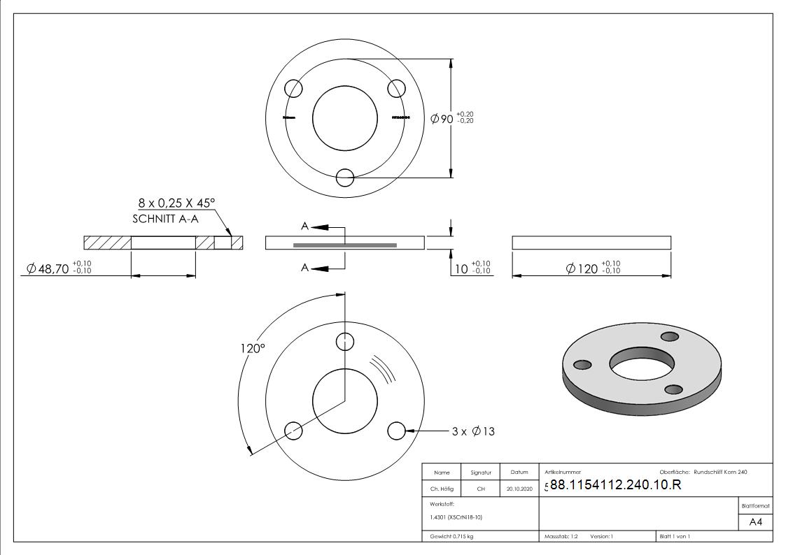 Ankerplatte Ø 120 x 10mm- mit Rundschliff- V2A-88-1154112-240-10.R
