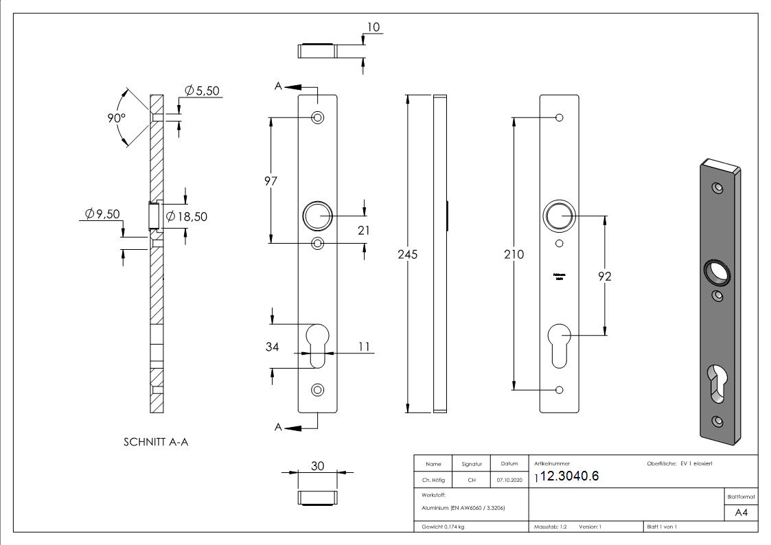 Enseigne longue cylindrique en aluminium | Dimensions : 30x245x10 mm | Forme : carrée | Aluminium EV1