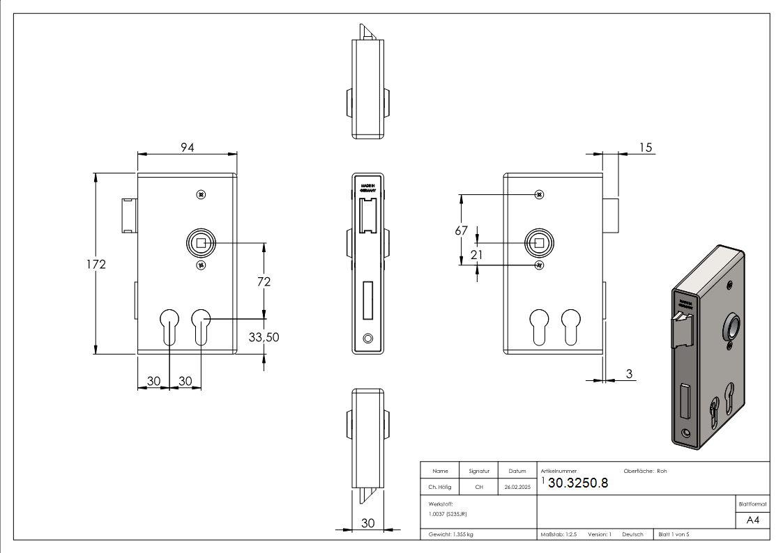 Schlosskasten - fuer 2 Profilzylinder - Masse- 30x94x172 mm - Stahl S235JR- roh - AMF Artikel- 11163-30-3250.8