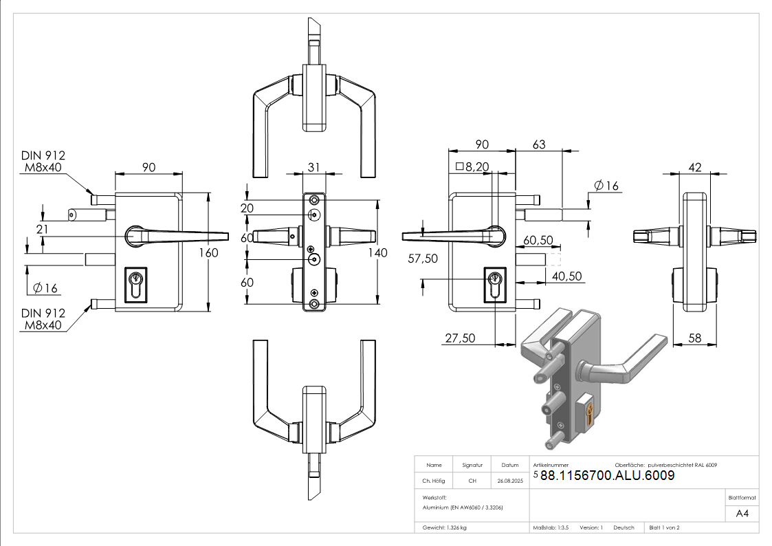 Gittertorschloss GTS 2 fuer Rohrstaerke 40-60mm- montagefertiges Set- tannengruen-88-1156700-ALU.6009