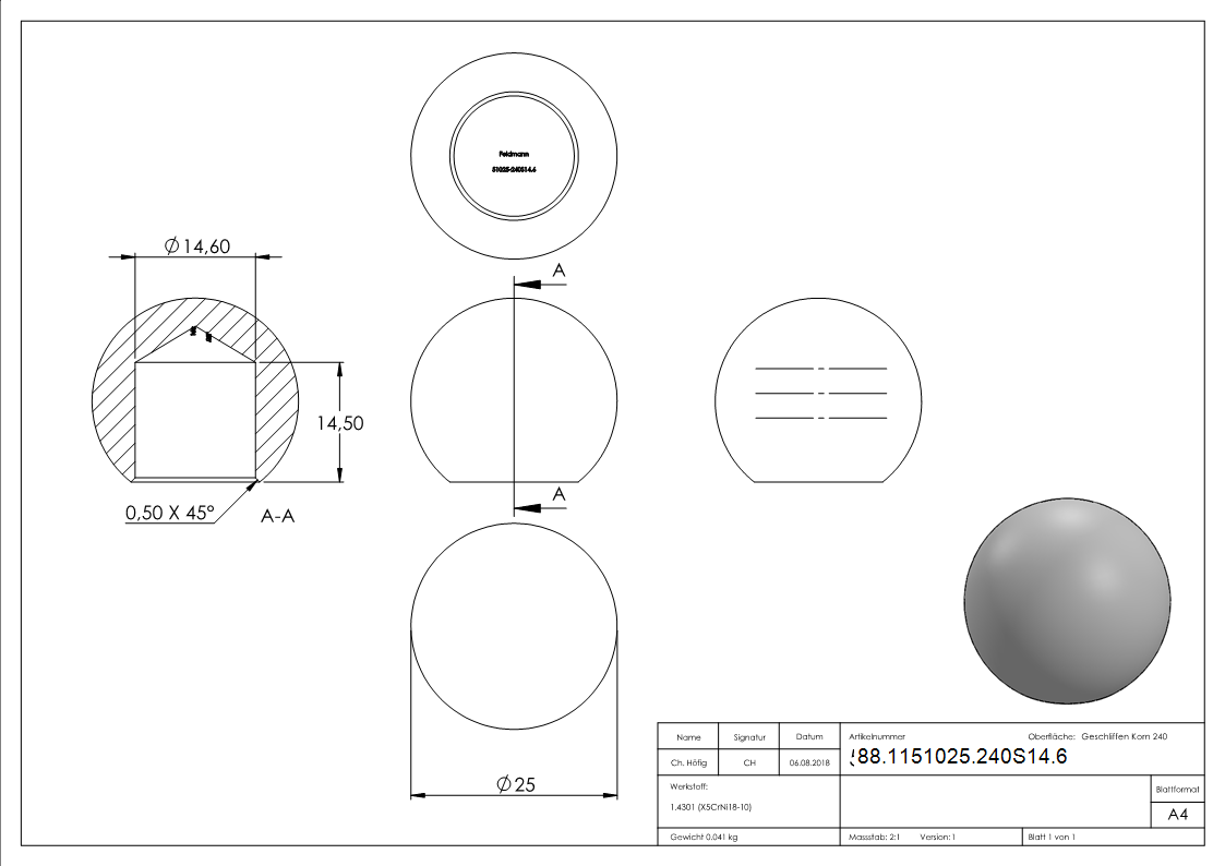 Boule pleine Ø 25mm avec trou borgne 14.6mm, V2A