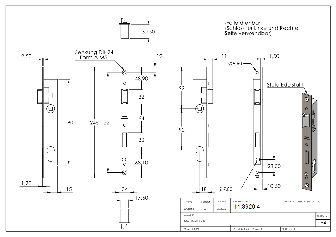 Rohrrahmenschloss verzinkt- Abstand 92 mm- Dornmass 18 mm- Stulpe Edelstahl geschliffen-11-3920.4