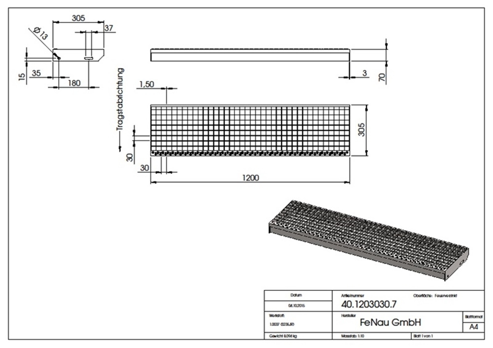 Marche en caillebotis Marche d'escalier | Dimensions : 1200x305 mm 30/30 mm | S235JR (St37-2), galvanisé à chaud en bain complet