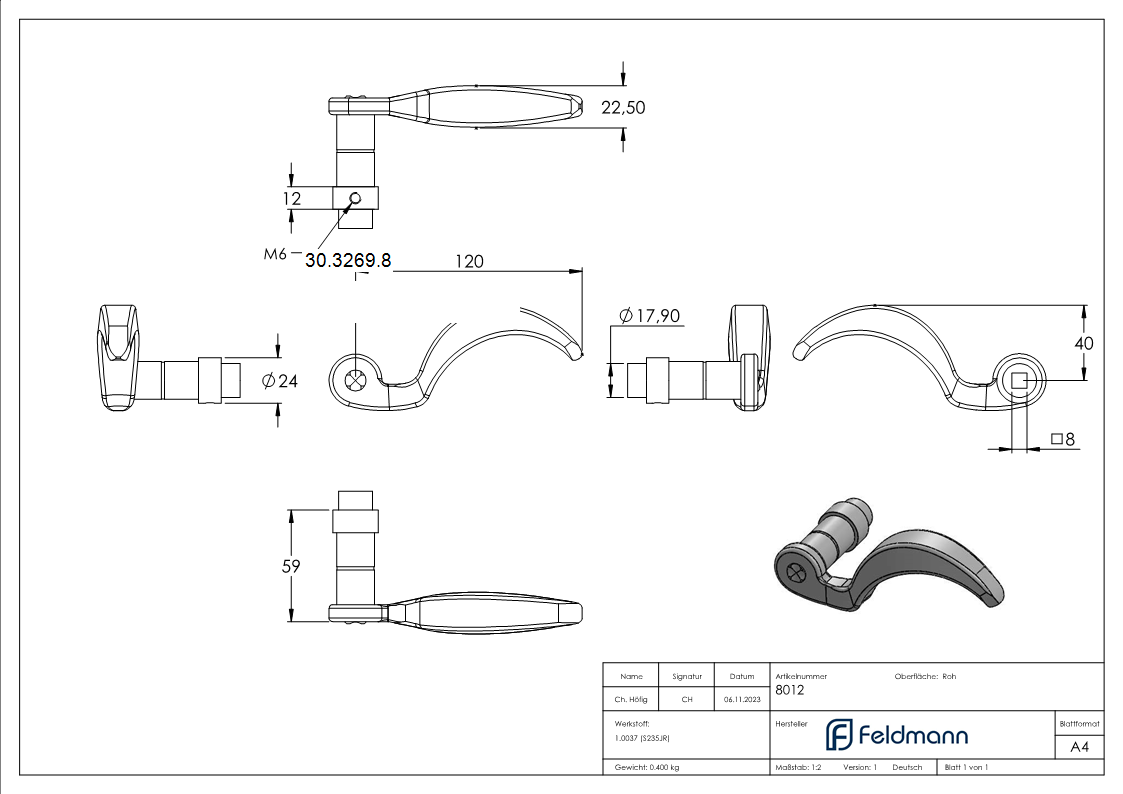 Tuerdruecker - Ausrichtung- rechts - Masse- 122x65x70 mm - Stahl S235JR-30-3269.8