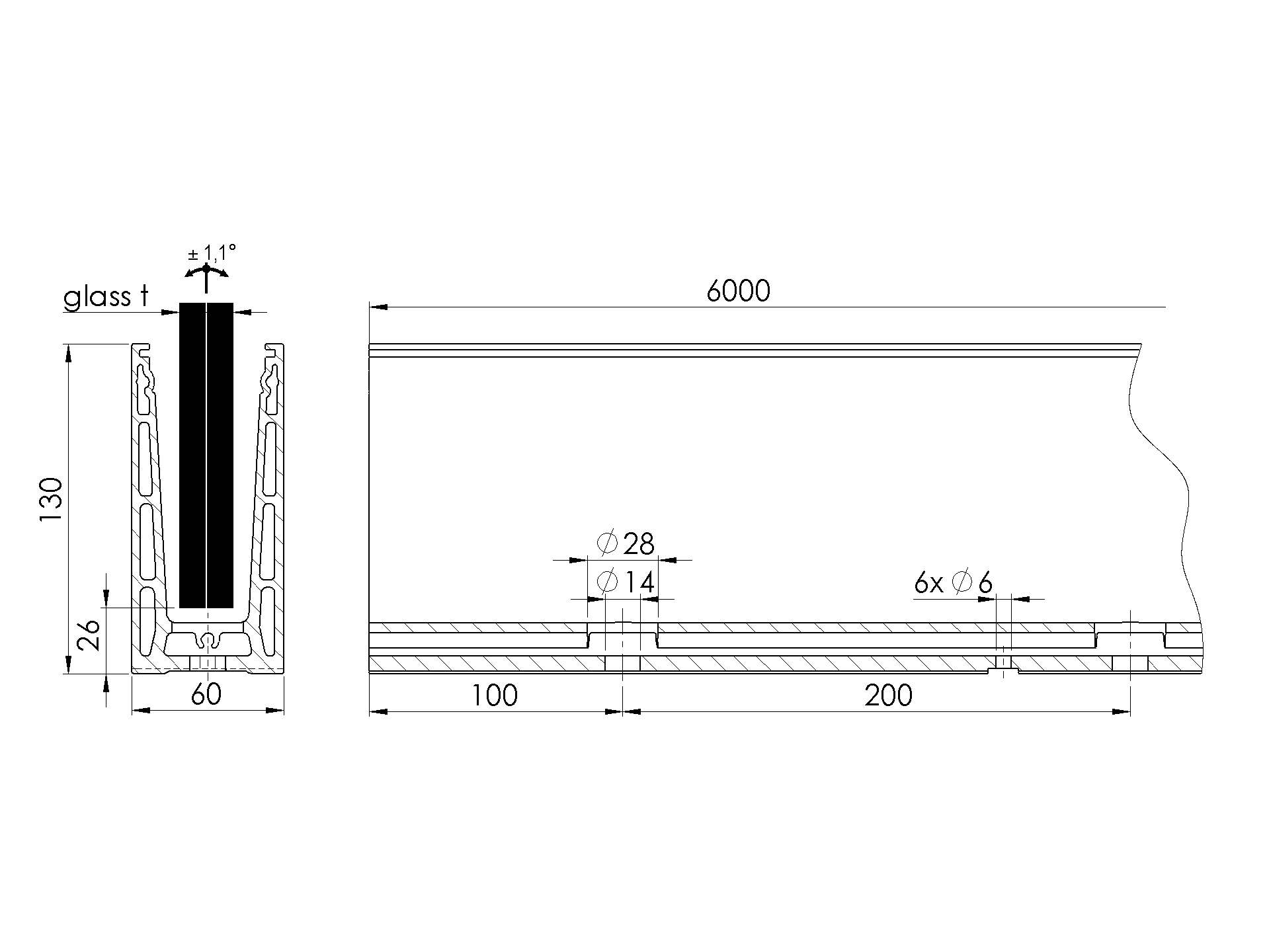Aluprofil Aluminium 130x60 mm 6000 mm Oberverankerung Ganzglasgelaender-89-11AL0004PRO6000SE-A.4