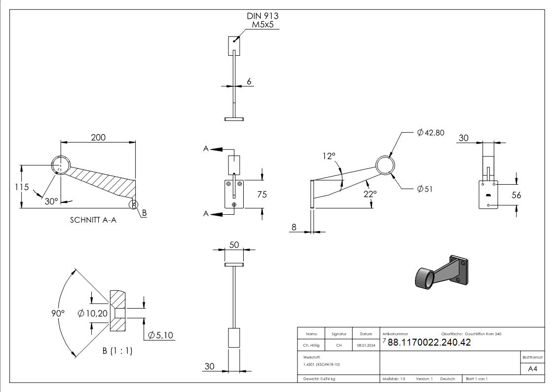 Fusslauf- - Handlaufstuetze- fuer Rohr 42-4mm- V2A-88-1170022-240.42