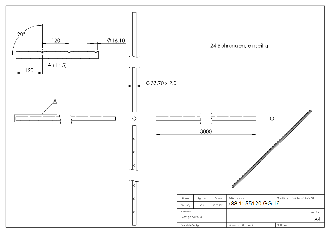 Edelstahlrohr Edelstahl V2A Ø 33-7 x 2-0 mm L 3000 mm einseitig gelocht Ø 16-1 mm-88-1155120-GG.16