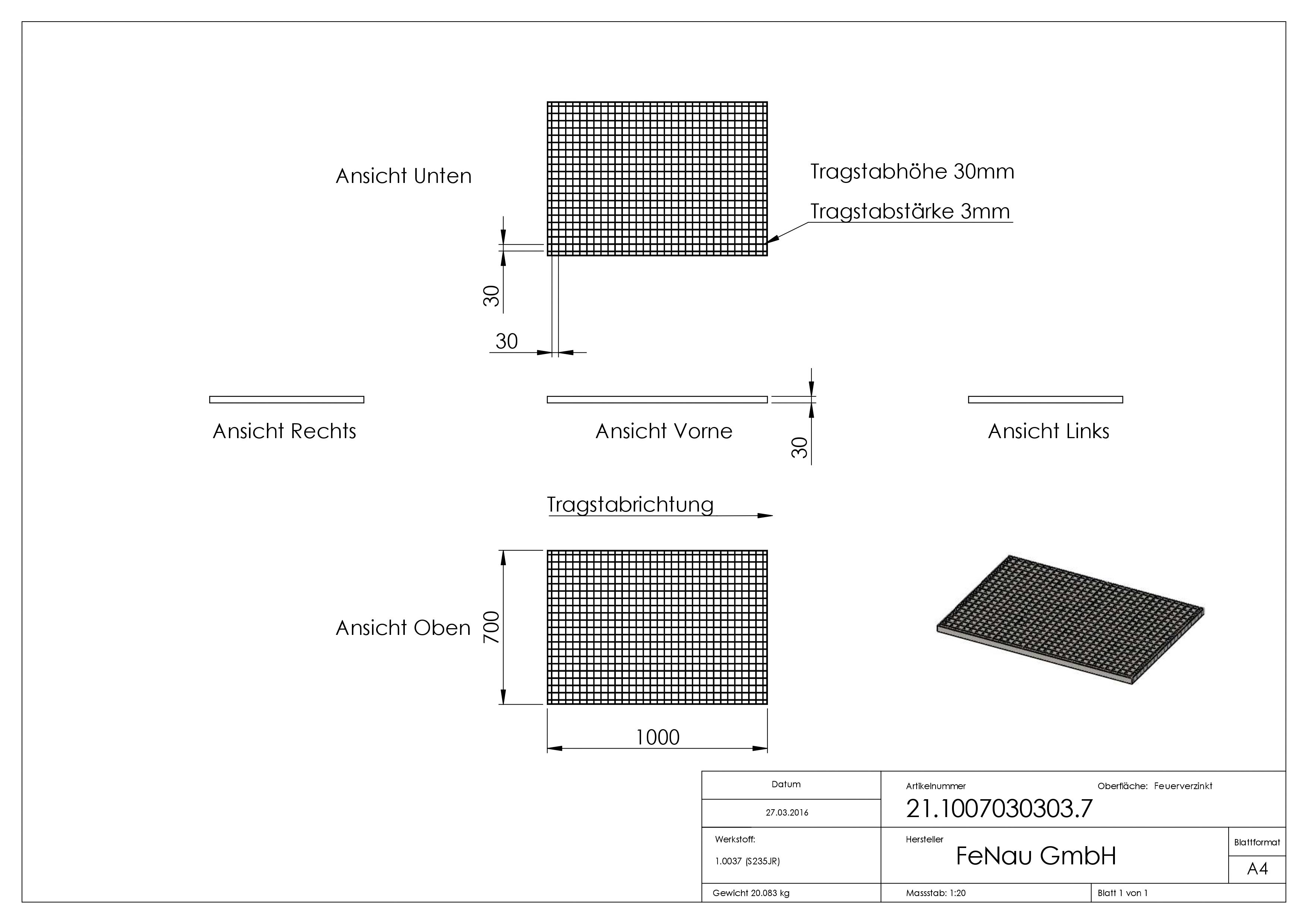 Industrie-Gitterrost - Masse- 1000x700x30 mm; MW 30-30 mm; 30-3 mm - S235JR -St37-2- im Vollbad feuerverzinkt-21-1007030303.7