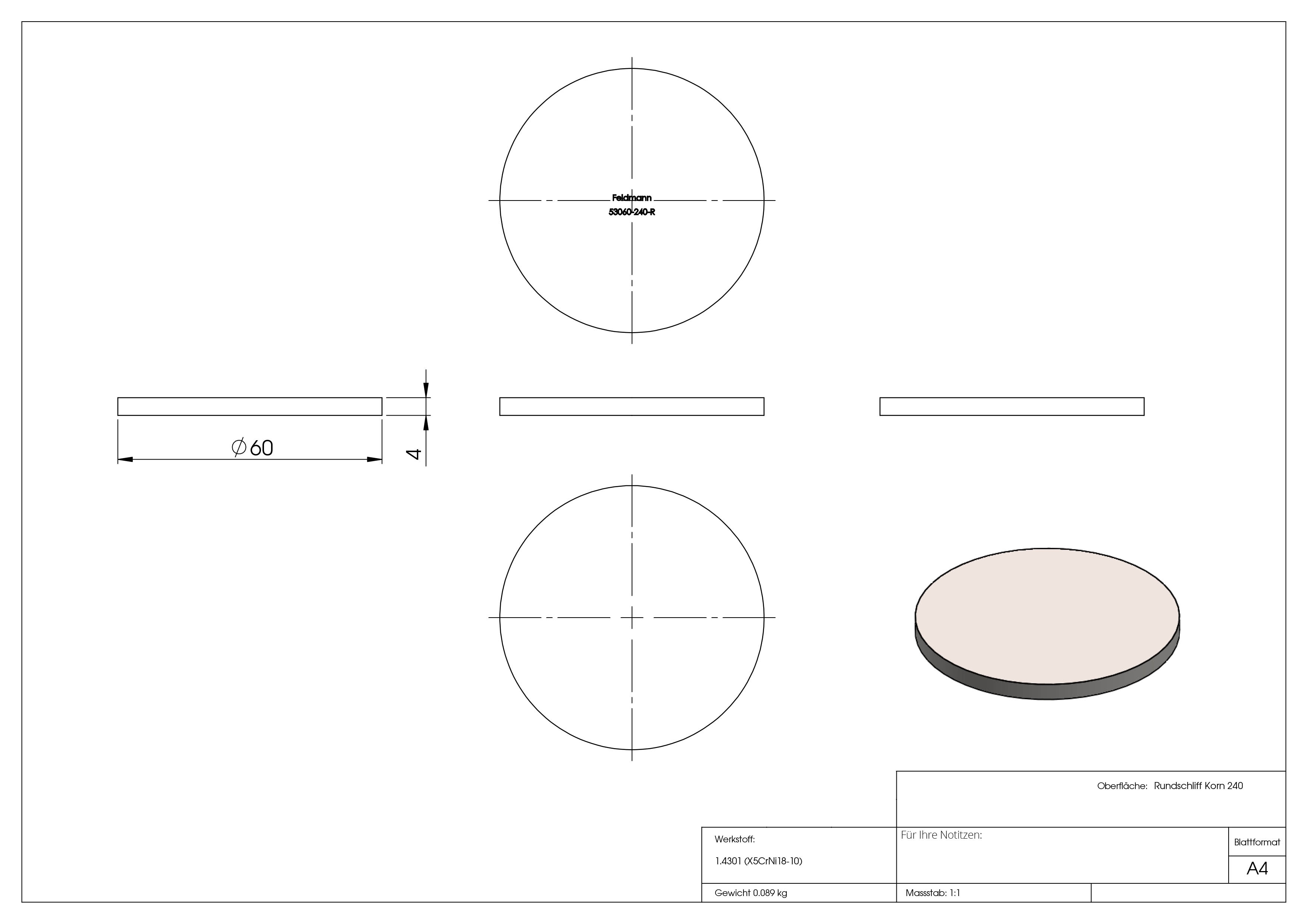 Ebauche circulaire | Dimensions : Ø 60x4 mm | avec meulage circulaire | V2A