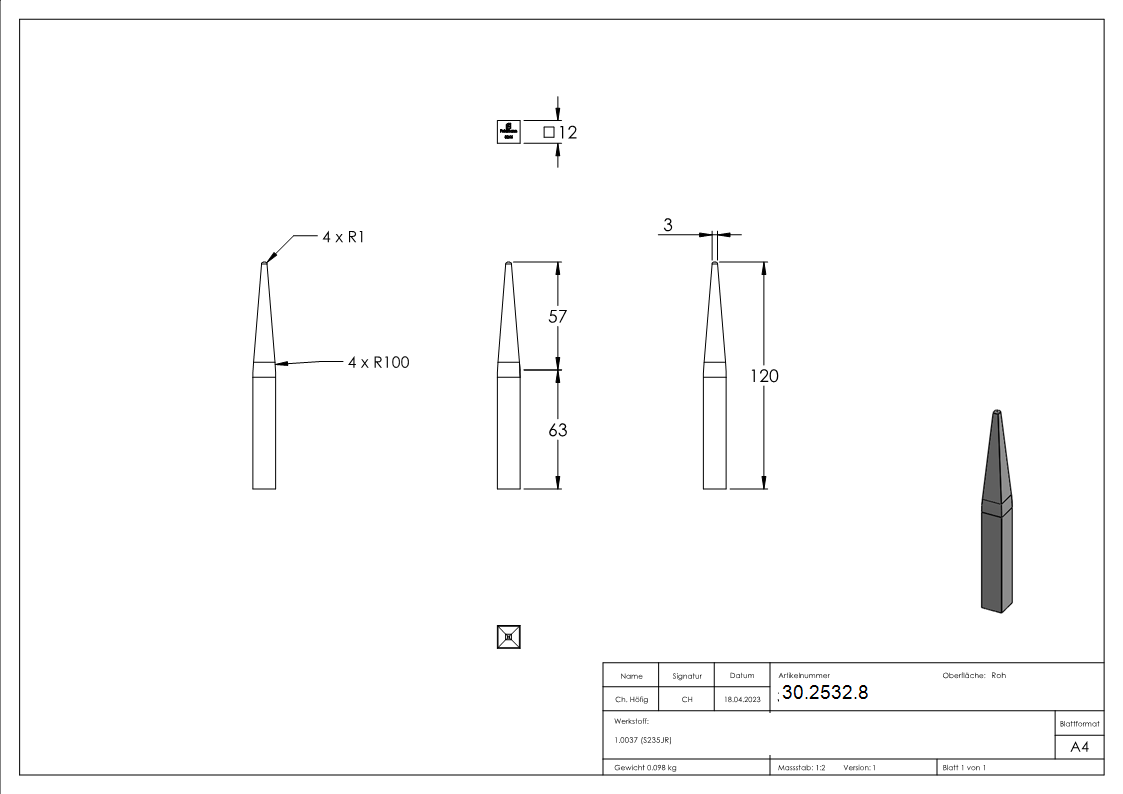 Pointes de clôture 12x12 mm hauteur 120 mm | acier S235JR, brut