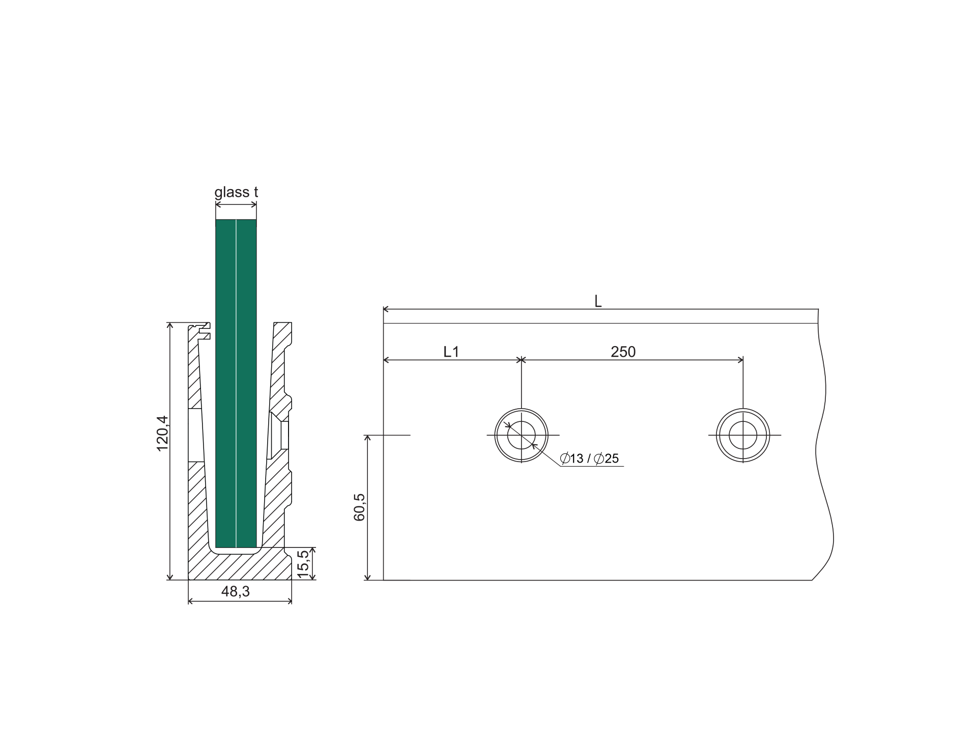 Glasgelaenderprofil Aluminium 2500 mm Glas 12-21-52 mm Seitenmontage Satin-ELOX-89-11AL0005D2500SE-A.4