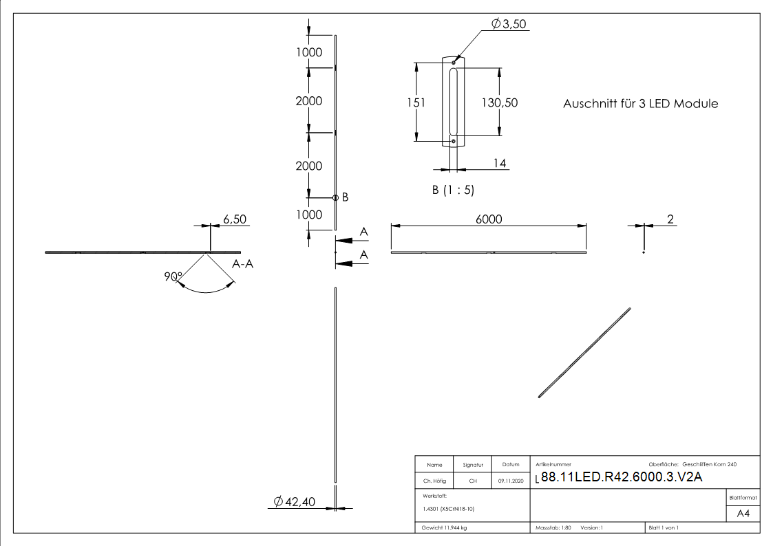 Tube en acier inoxydable 42,4 x 2,0 mm pour les modules LED