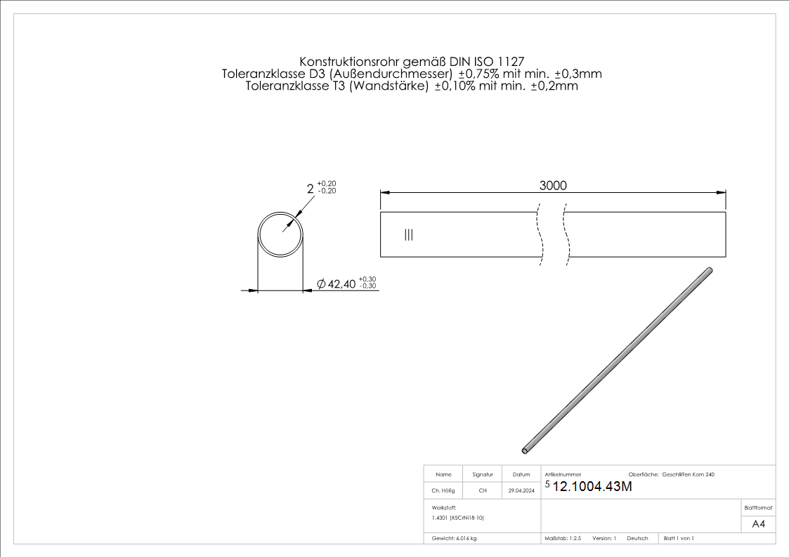 Rundrohr Ø 42-4x2-0 mm á 3 m V2A Edelstahl-12-1004.43M