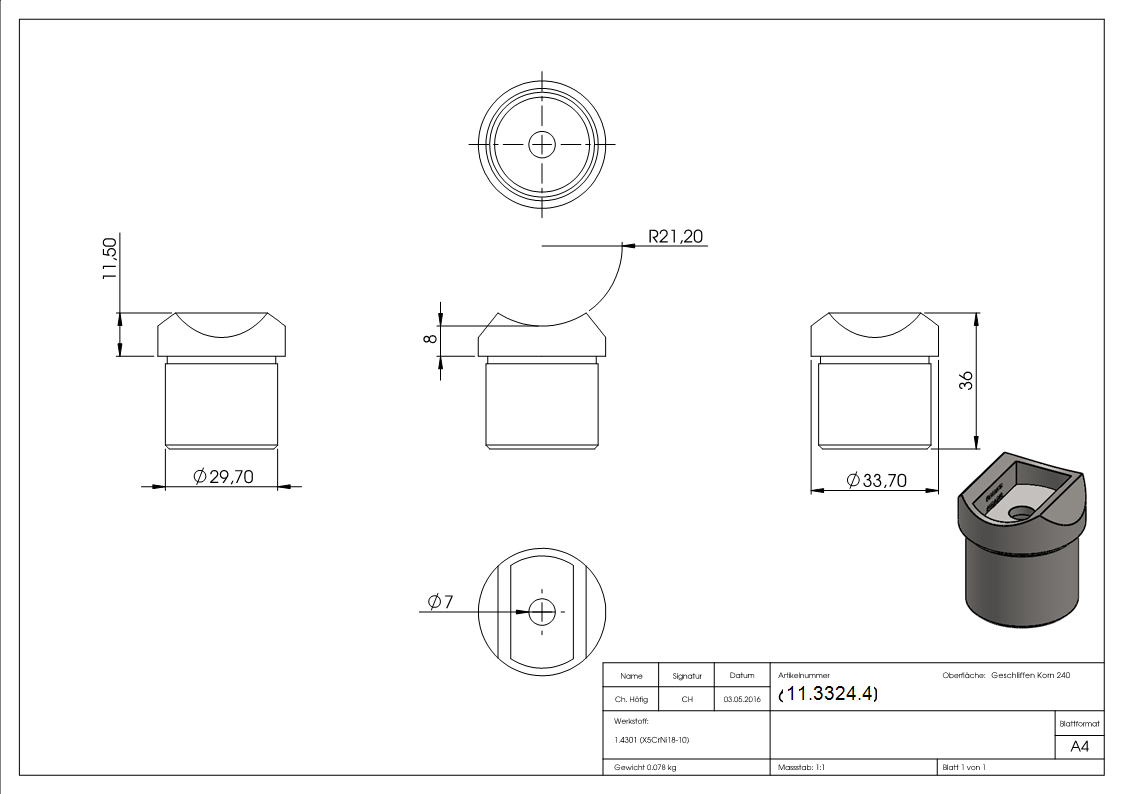 Sellette à coller pour tube rond Ø 33,7x2,0 mm V2A