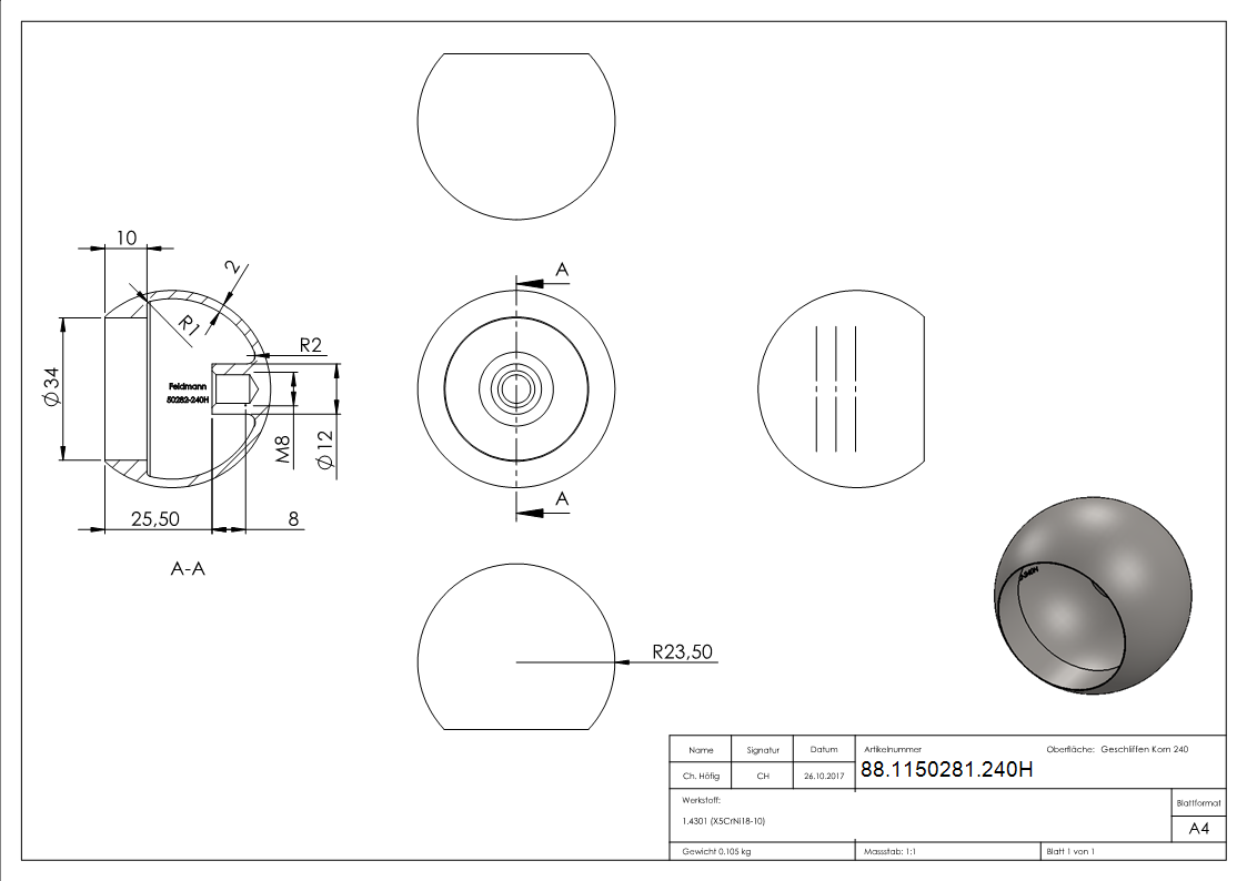 Boule d'extrémité creuse pour tube de 33,7mm, avec M8