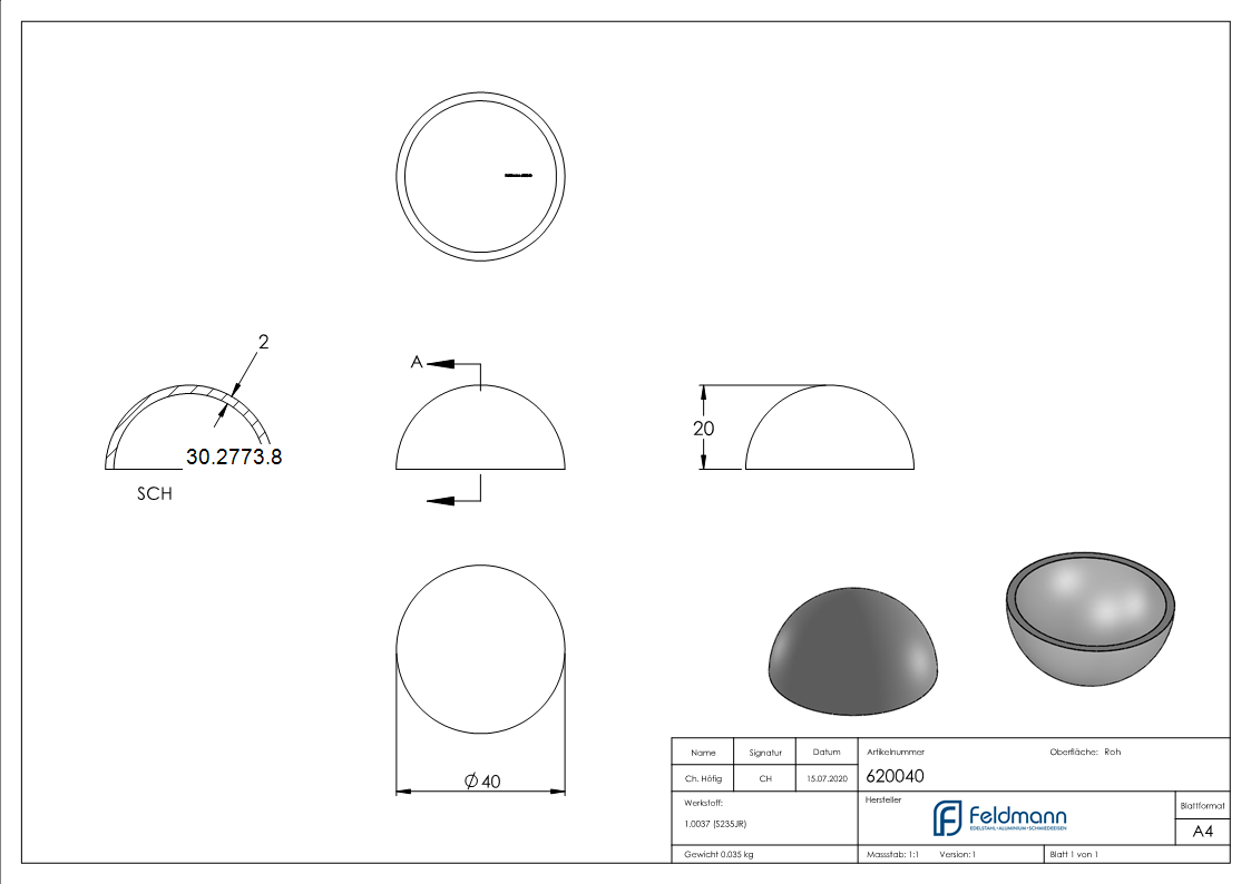 Halbhohlkugel Ø 40 mm - glatt - Stahl S235JR- roh-30-2773.8
