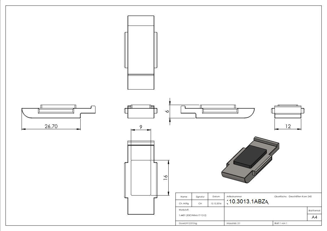 1 base de sécurité pour pince à verre 45x45x26 mm AbZ V4A
