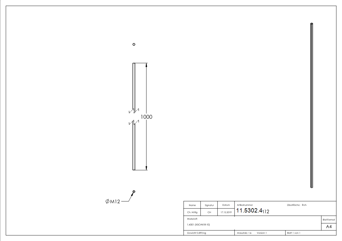 Gewindestange V2A M12 L- 1 m Rechtsgewinde DIN 975-11-5302.4