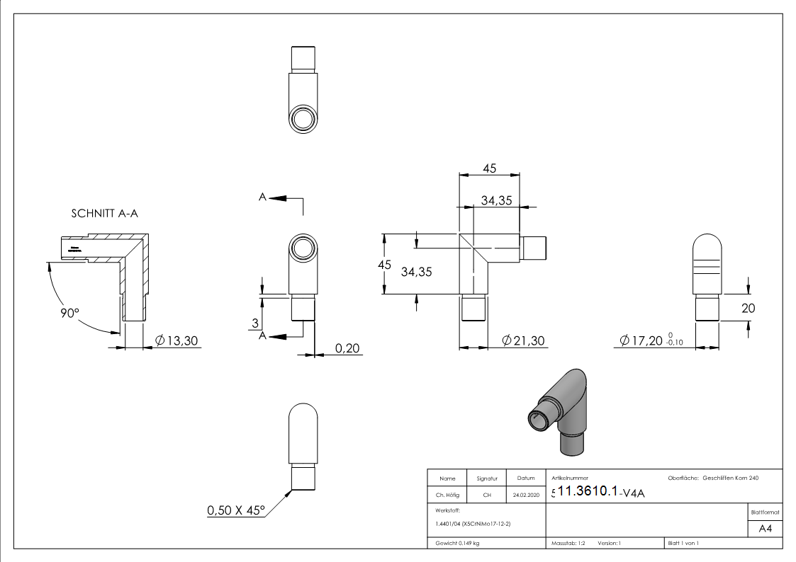 Coude d'angle 90°, pour tube rond Ø 21.3x2.0 mm V4A