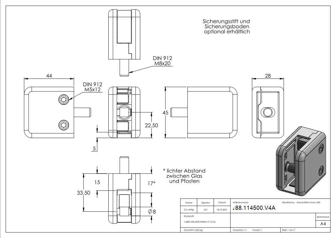 Glasklemme Mod- 45 Edelstahl V4A 45x45x28 mm gerade-88-114500.V4A