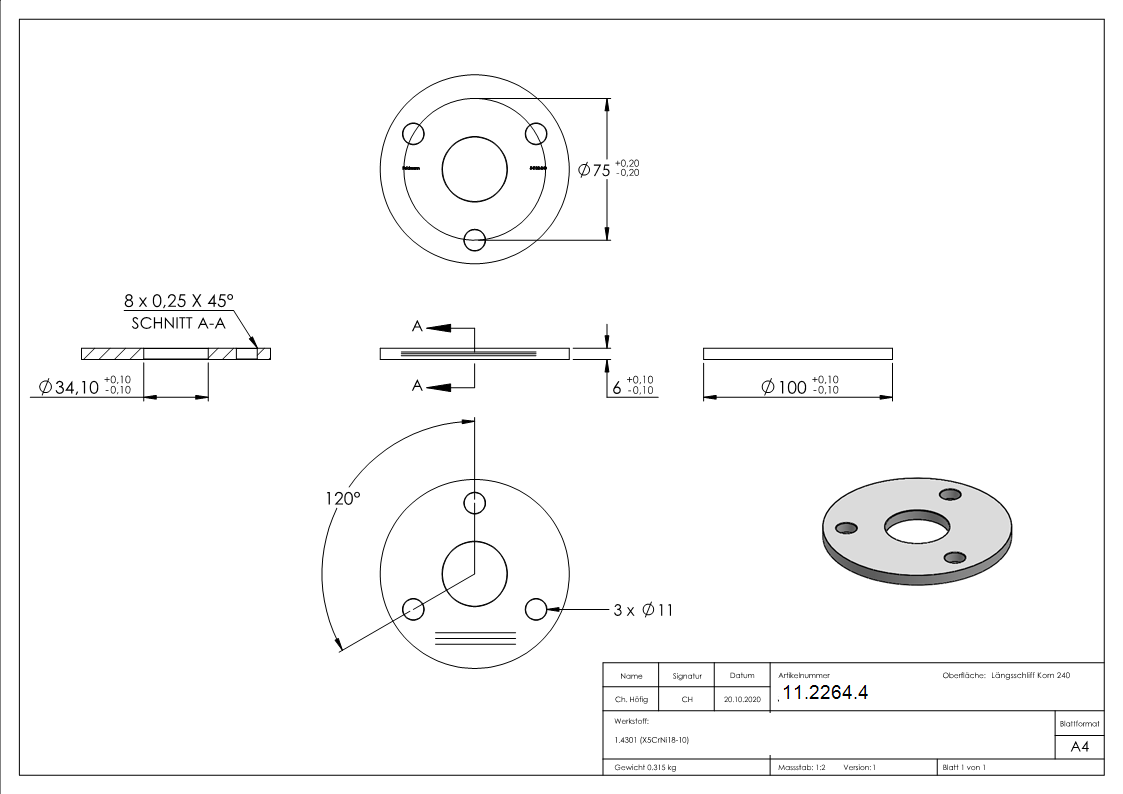Ankerplatte Ø 100 x 6 mm mit Zentrierbohrung- Ø 34 mm V2A-11-2264.4